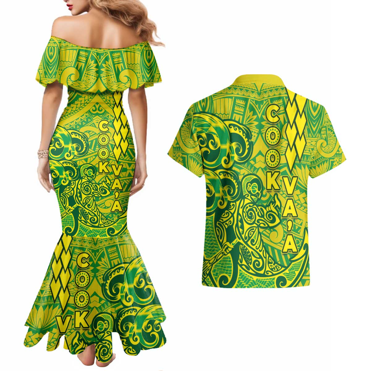 Cook Islands Va'a Polynesian Art Tattoo Couples Matching Mermaid Dress and Hawaiian Shirt National Color LT03 - Polynesian Pride