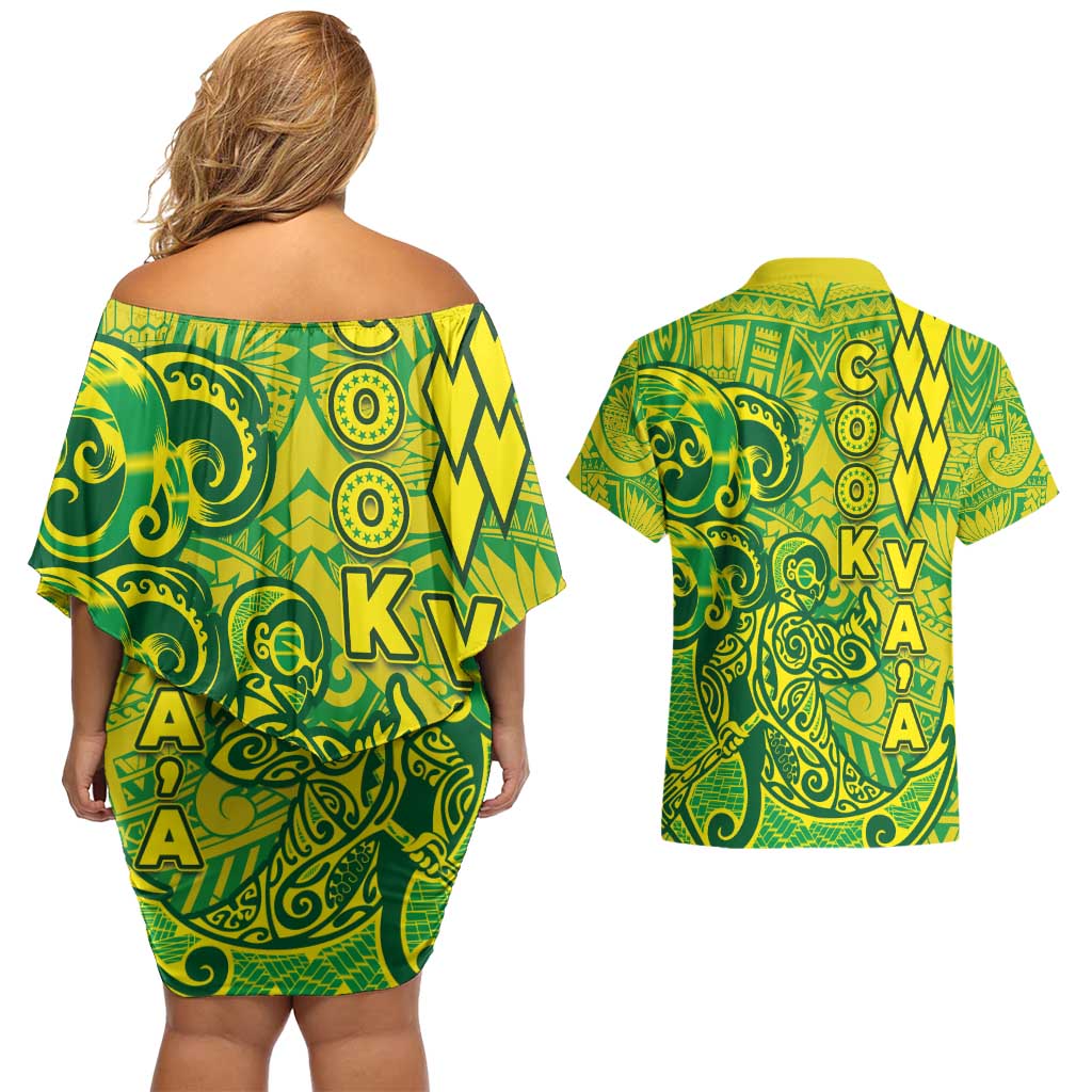 Cook Islands Va'a Polynesian Art Tattoo Couples Matching Off Shoulder Short Dress and Hawaiian Shirt National Color LT03 - Polynesian Pride
