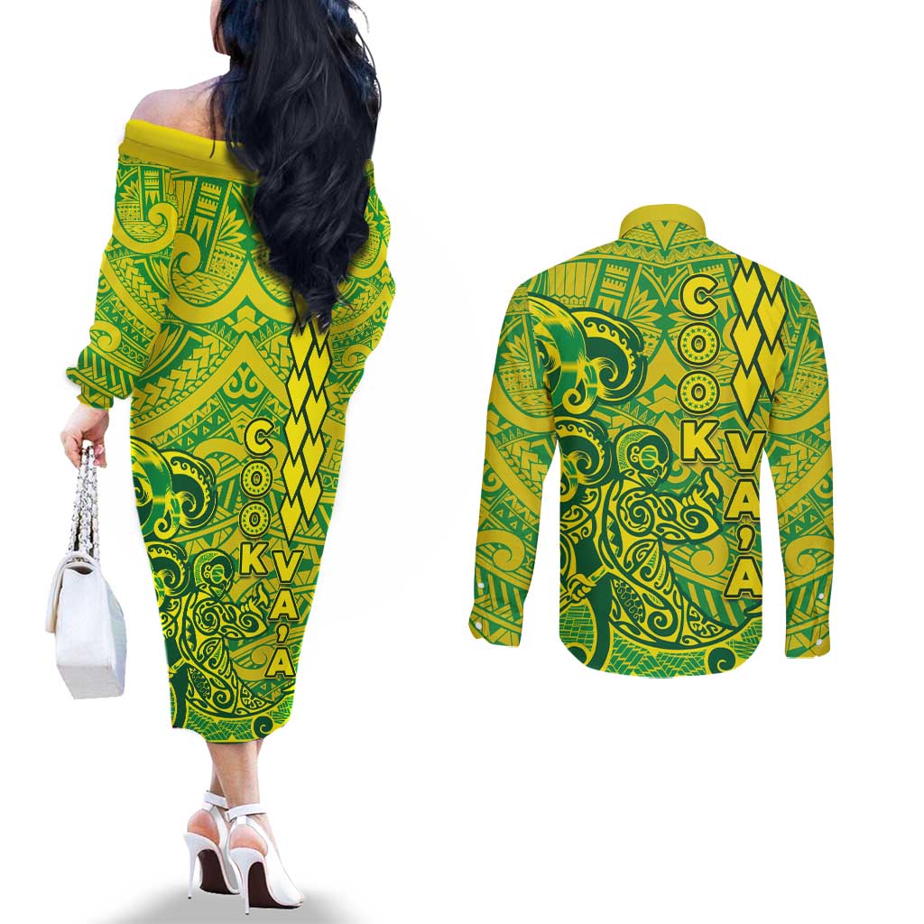 Cook Islands Va'a Polynesian Art Tattoo Couples Matching Off The Shoulder Long Sleeve Dress and Long Sleeve Button Shirt National Color LT03 - Polynesian Pride