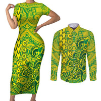 Cook Islands Va'a Polynesian Art Tattoo Couples Matching Short Sleeve Bodycon Dress and Long Sleeve Button Shirt National Color LT03 Green - Yellow - Polynesian Pride