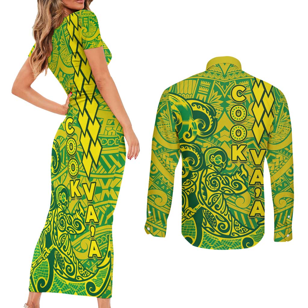 Cook Islands Va'a Polynesian Art Tattoo Couples Matching Short Sleeve Bodycon Dress and Long Sleeve Button Shirt National Color LT03 - Polynesian Pride