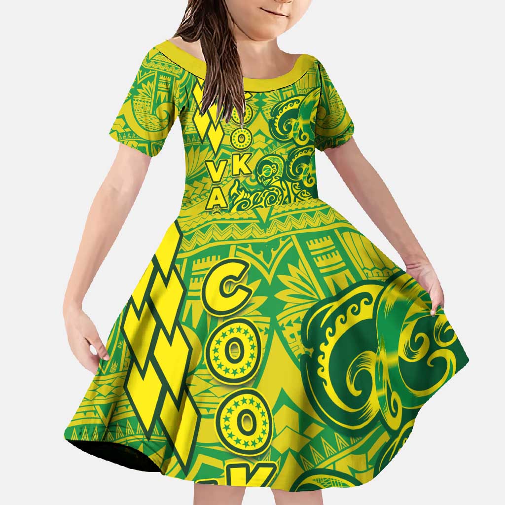 Cook Islands Va'a Polynesian Art Tattoo Family Matching Mermaid Dress and Hawaiian Shirt National Color LT03 Daughter's Dress Green - Yellow - Polynesian Pride
