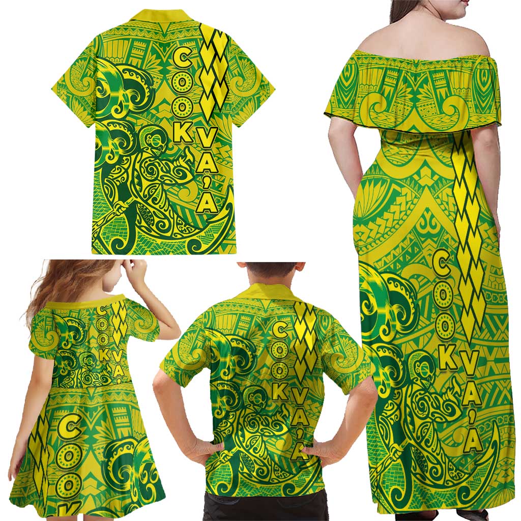 Cook Islands Vaa Polynesian Art Tattoo Family Matching Off Shoulder Maxi Dress and Hawaiian Shirt National Color