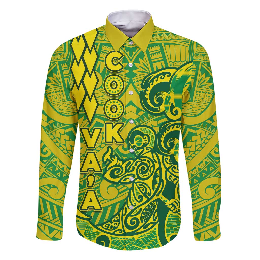 Cook Islands Va'a Polynesian Art Tattoo Family Matching Short Sleeve Bodycon Dress and Hawaiian Shirt National Color LT03 Dad's Shirt - Long Sleeve Green - Yellow - Polynesian Pride
