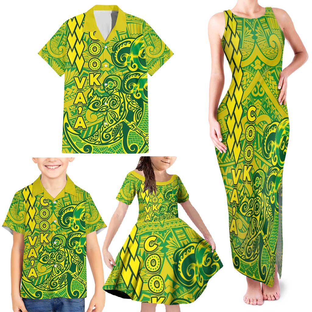 Cook Islands Vaa Polynesian Art Tattoo Family Matching Tank Maxi Dress and Hawaiian Shirt National Color