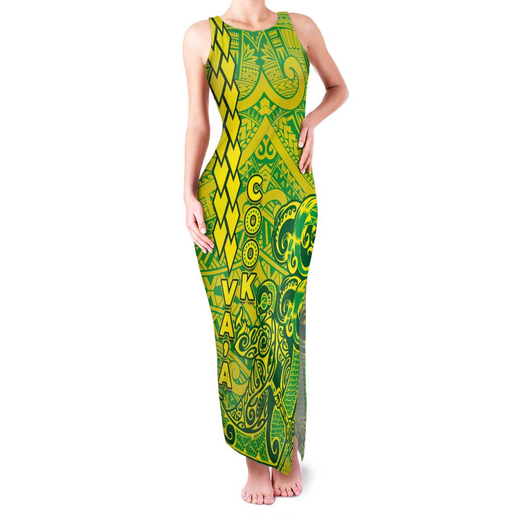 Cook Islands Va'a Polynesian Art Tattoo Family Matching Tank Maxi Dress and Hawaiian Shirt National Color LT03 Mom's Dress Green - Yellow - Polynesian Pride