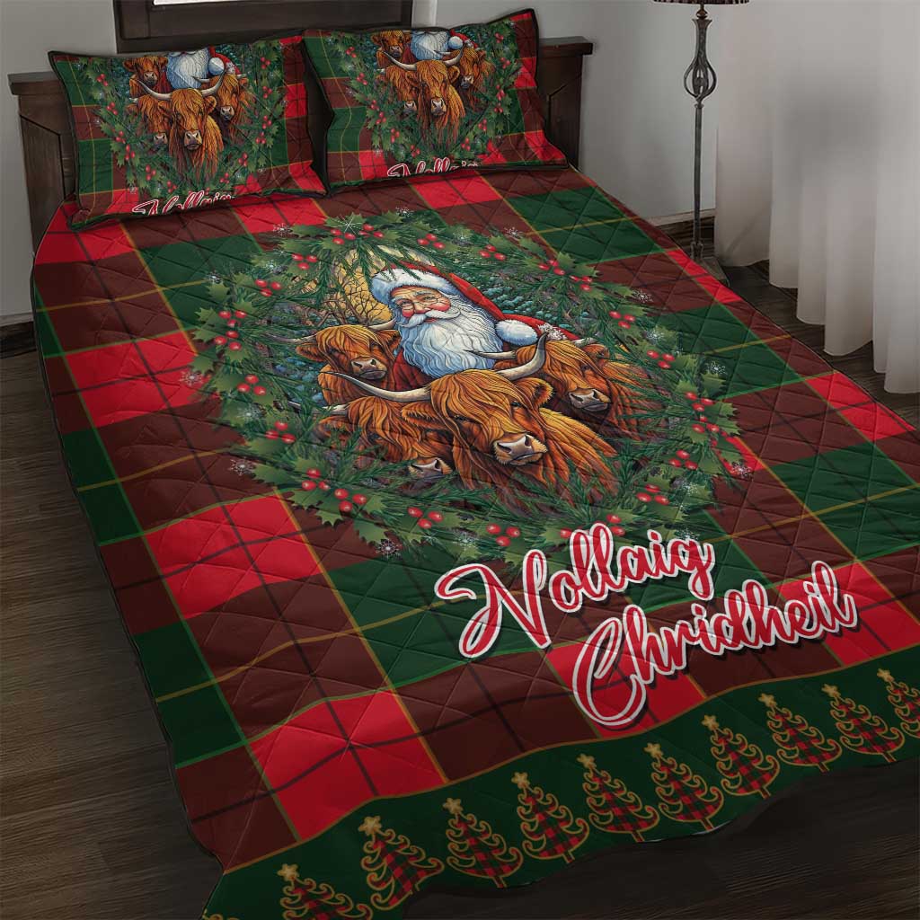 Santa and Higland Cows Scottish Christmas Quilt Bed Set Tartan Pattern