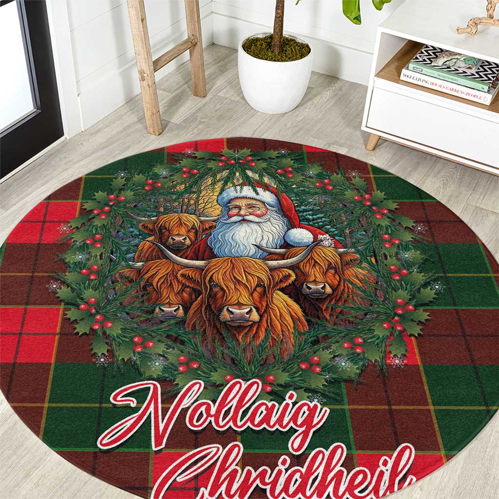 Santa and Higland Cows Scottish Christmas Round Carpet Tartan Pattern