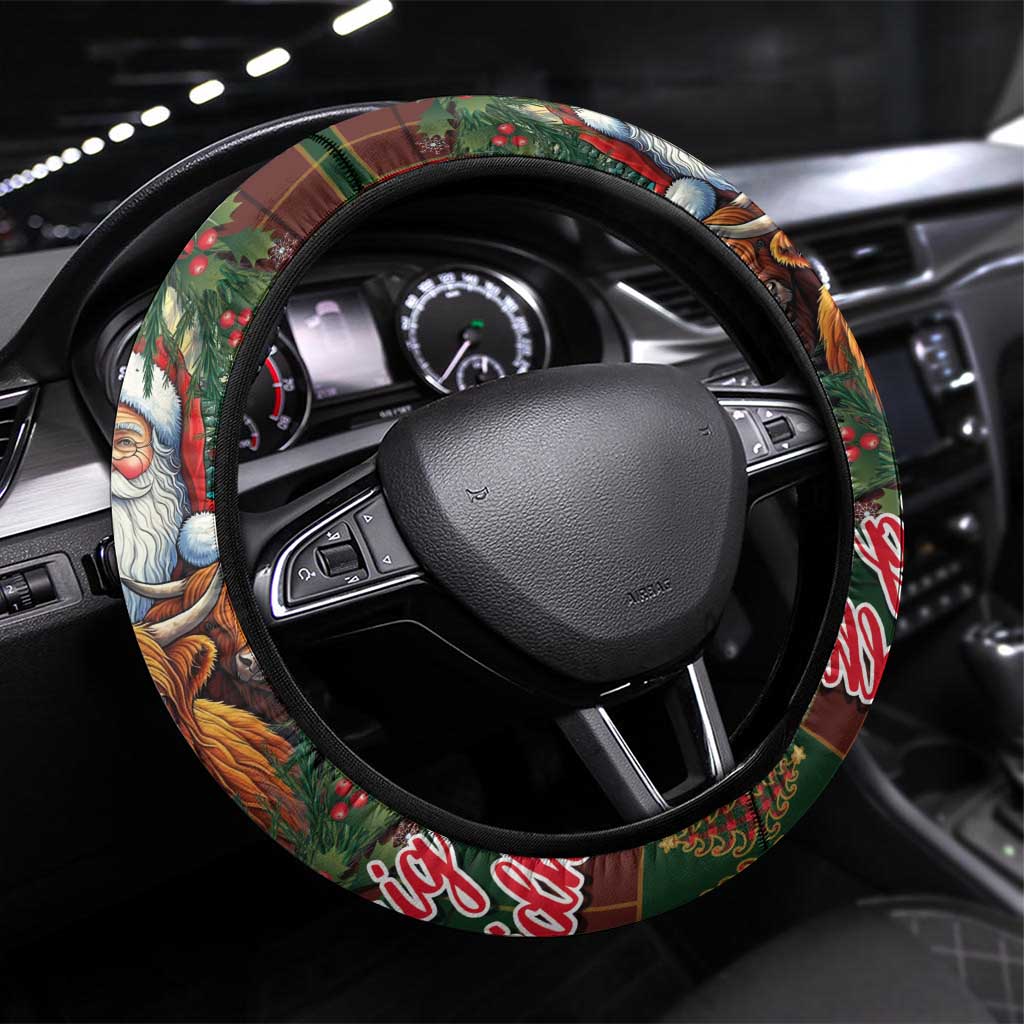 Santa and Higland Cows Scottish Christmas Steering Wheel Cover Tartan Pattern