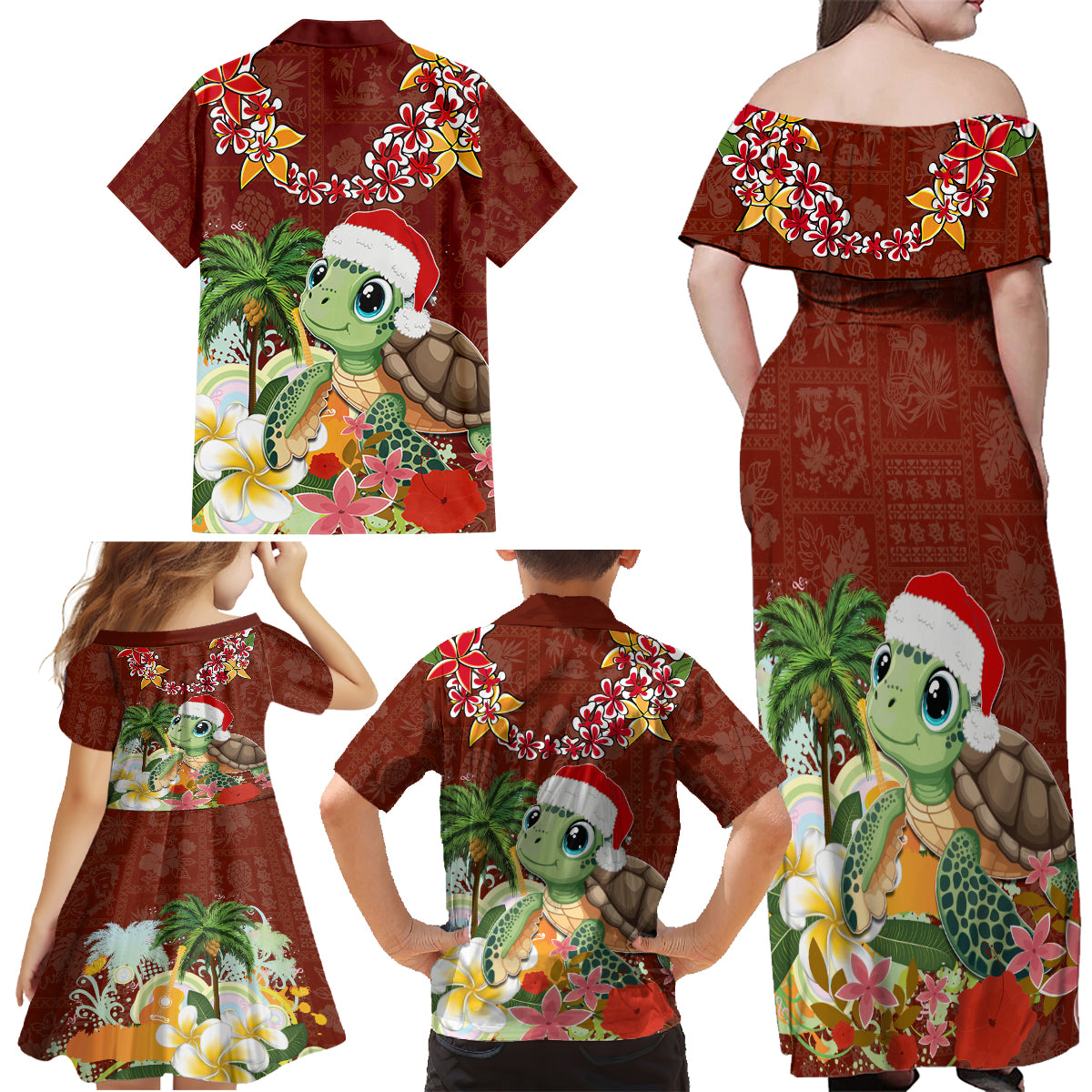 Hawaii Honu Mele Kalikimaka Family Matching Off Shoulder Maxi Dress and Hawaiian Shirt Santa Tropical Flower Aloha Summer Red Version LT03 - Polynesian Pride