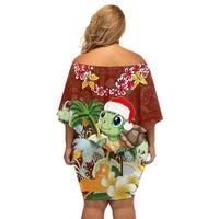Hawaii Honu Mele Kalikimaka Family Matching Off Shoulder Short Dress and Hawaiian Shirt Santa Tropical Flower Aloha Summer Red Version LT03 - Polynesian Pride