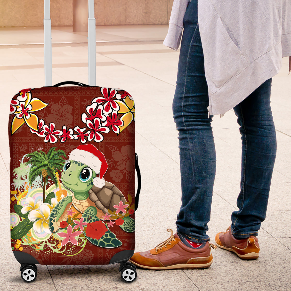 Hawaii Honu Mele Kalikimaka Luggage Cover Santa Tropical Flower Aloha Summer Red Version LT03 Red - Polynesian Pride