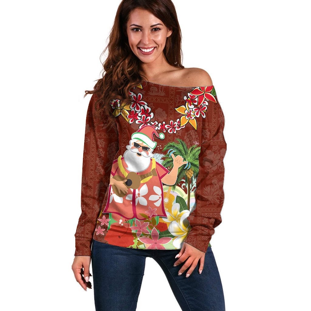 Hawaii Honu Mele Kalikimaka Off Shoulder Sweater Santa Tropical Flower Aloha Summer Red Version LT03 Women Red - Polynesian Pride