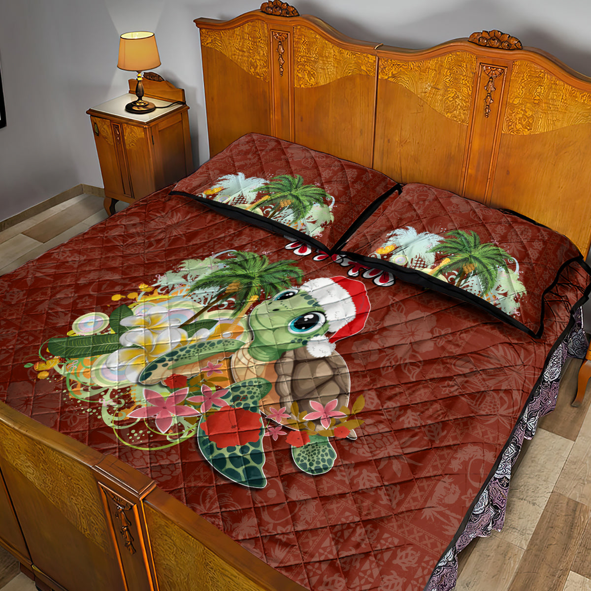 Hawaii Honu Mele Kalikimaka Quilt Bed Set Santa Tropical Flower Aloha Summer Red Version LT03 - Polynesian Pride