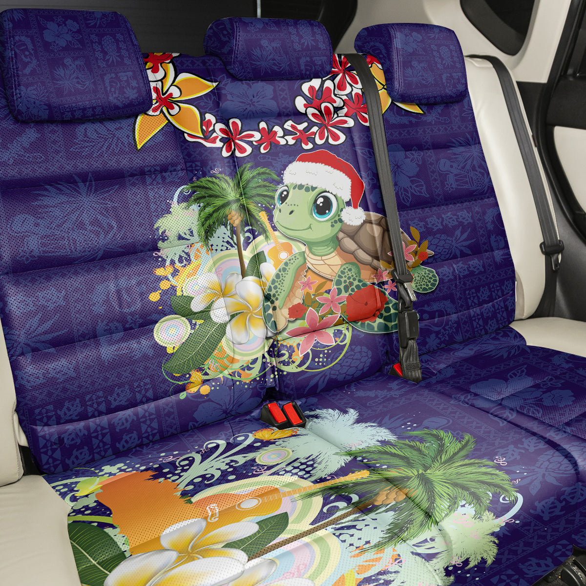 Hawaii Honu Mele Kalikimaka Back Car Seat Cover Santa Tropical Flower Aloha Summer Blue Version LT03 - Polynesian Pride