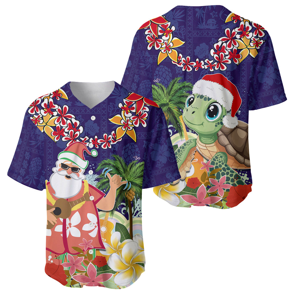 Hawaii Honu Mele Kalikimaka Baseball Jersey Santa Tropical Flower Aloha Summer Blue Version LT03 - Polynesian Pride