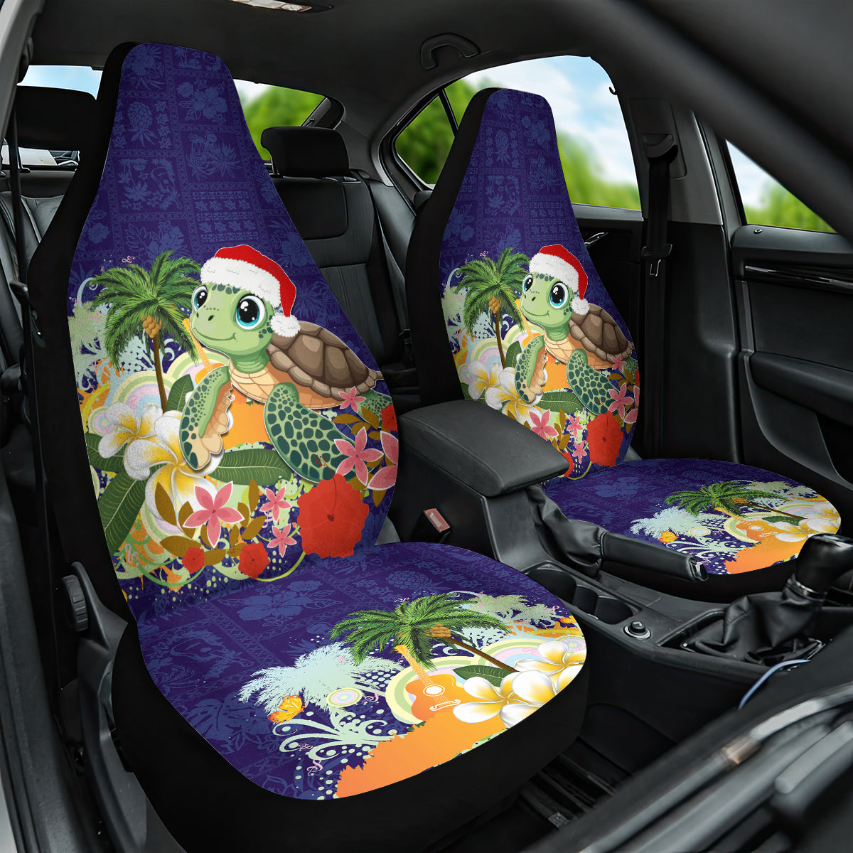 Hawaii Honu Mele Kalikimaka Car Seat Cover Santa Tropical Flower Aloha Summer Blue Version LT03 One Size Blue - Polynesian Pride