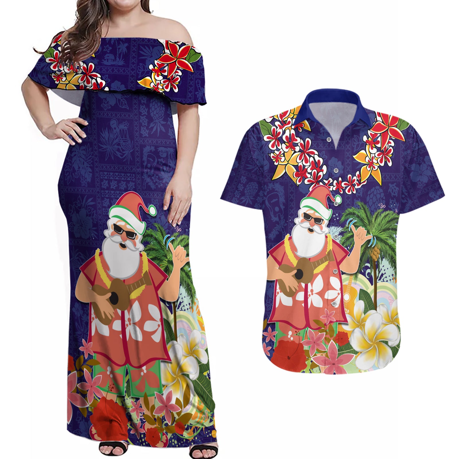 Hawaii Honu Mele Kalikimaka Couples Matching Off Shoulder Maxi Dress and Hawaiian Shirt Santa Tropical Flower Aloha Summer Blue Version LT03 Blue - Polynesian Pride