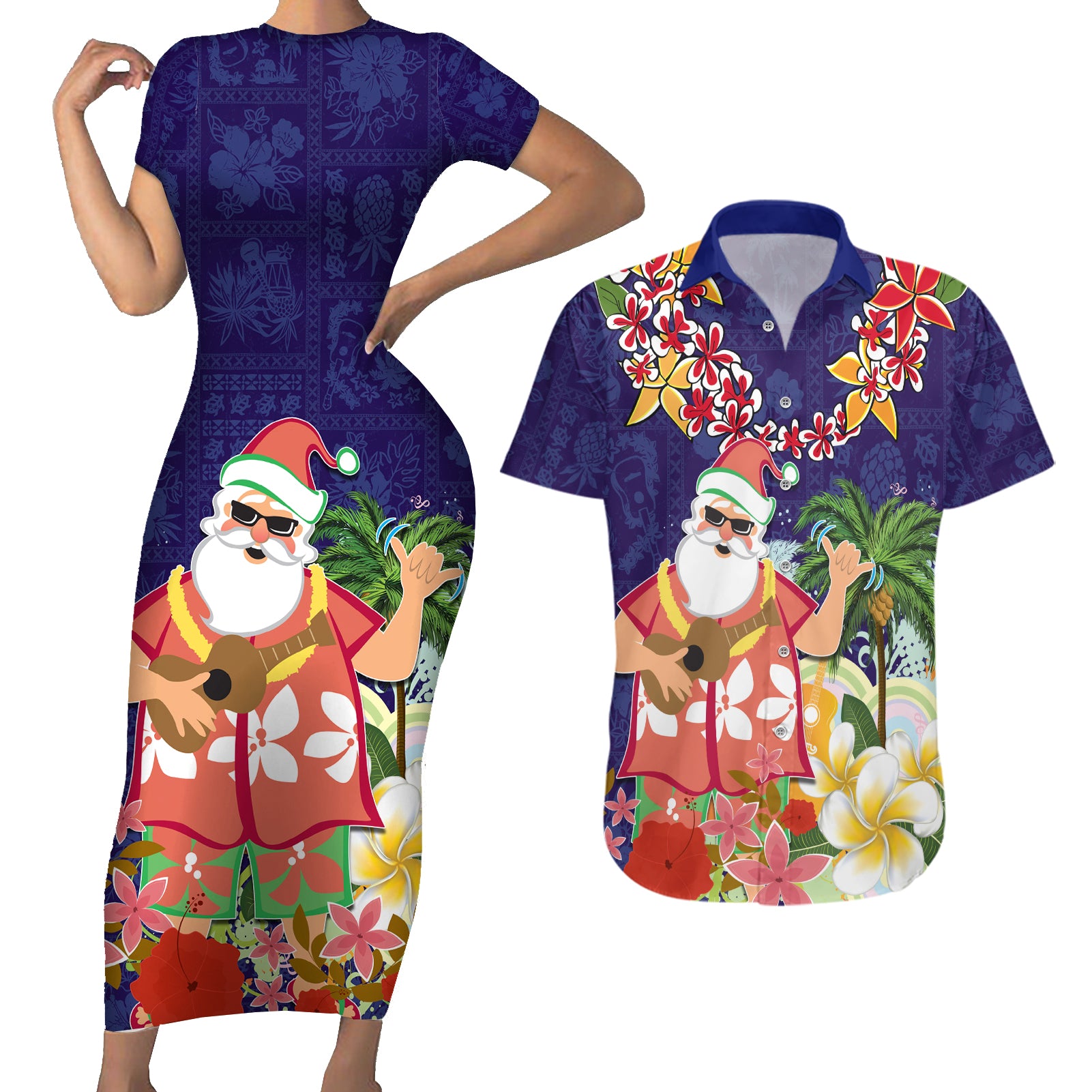 Hawaii Honu Mele Kalikimaka Couples Matching Short Sleeve Bodycon Dress and Hawaiian Shirt Santa Tropical Flower Aloha Summer Blue Version LT03 Blue - Polynesian Pride