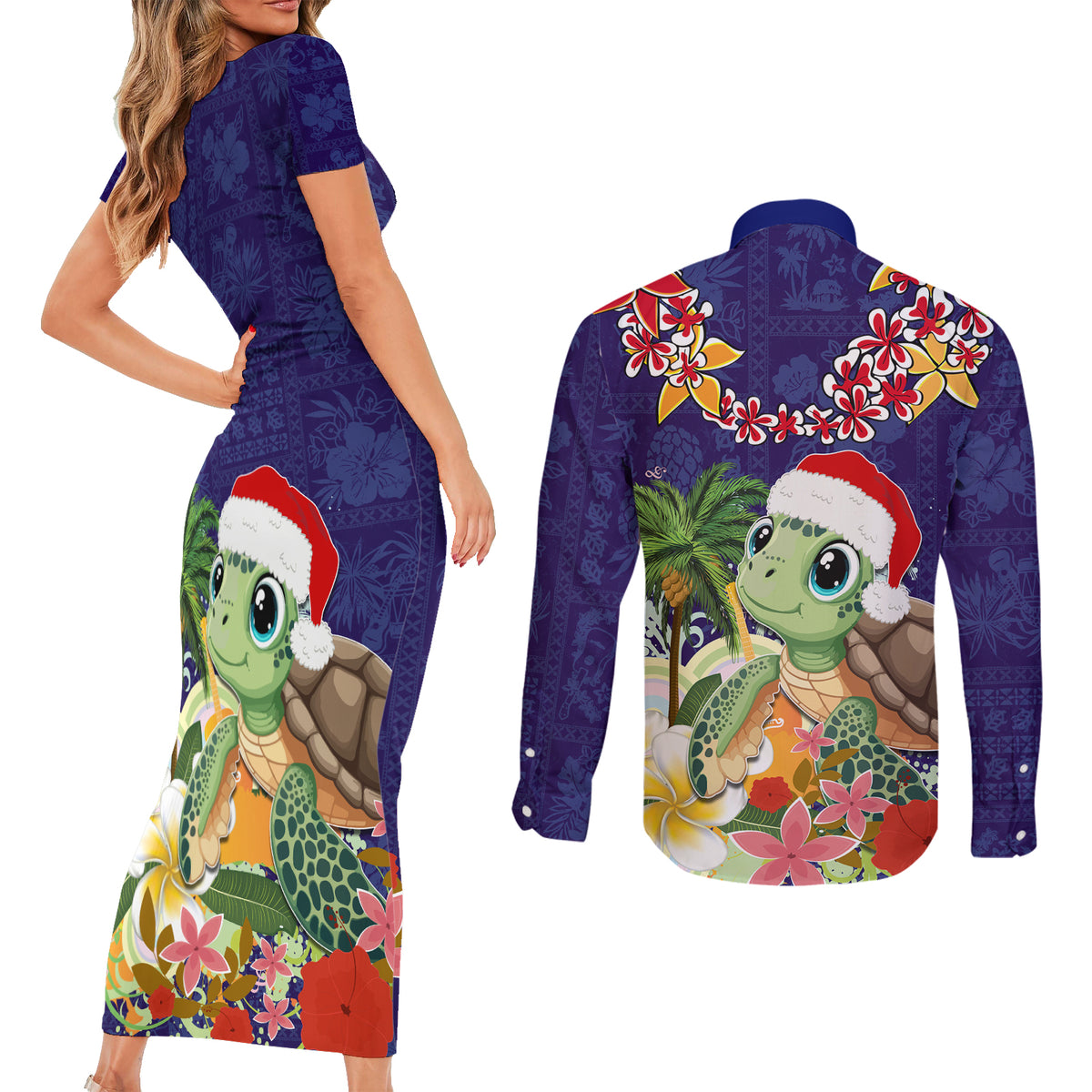 Hawaii Honu Mele Kalikimaka Couples Matching Short Sleeve Bodycon Dress and Long Sleeve Button Shirt Santa Tropical Flower Aloha Summer Blue Version LT03 - Polynesian Pride