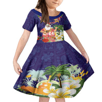 Hawaii Honu Mele Kalikimaka Family Matching Off Shoulder Maxi Dress and Hawaiian Shirt Santa Tropical Flower Aloha Summer Blue Version LT03 Daughter's Dress Blue - Polynesian Pride