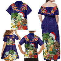 Hawaii Honu Mele Kalikimaka Family Matching Off Shoulder Maxi Dress and Hawaiian Shirt Santa Tropical Flower Aloha Summer Blue Version LT03 - Polynesian Pride