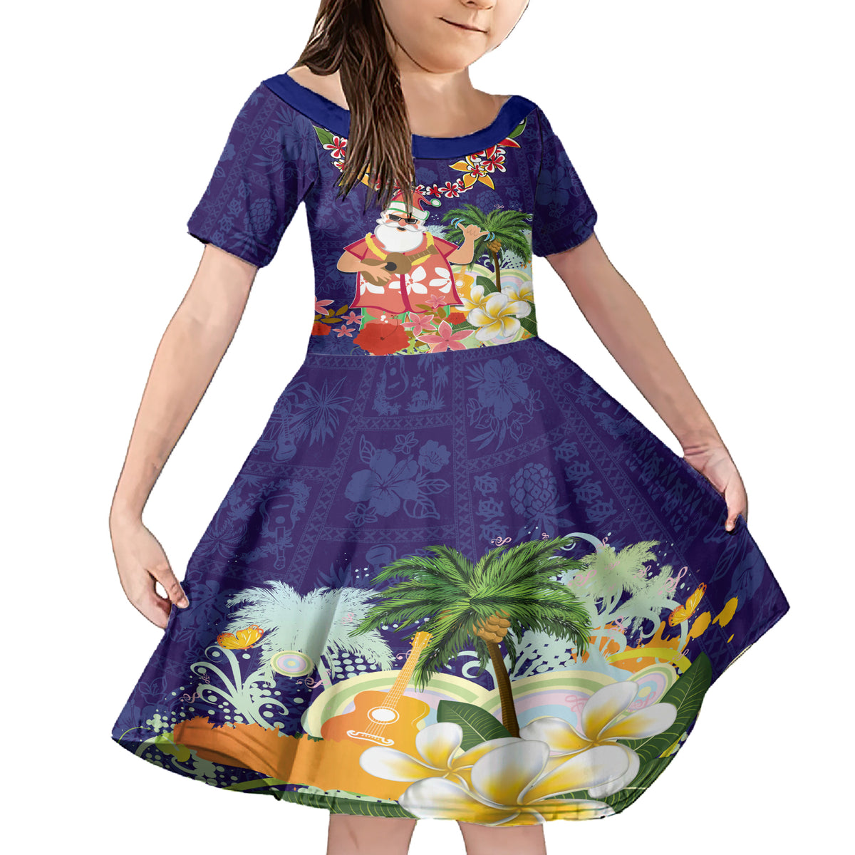 Hawaii Honu Mele Kalikimaka Family Matching Short Sleeve Bodycon Dress and Hawaiian Shirt Santa Tropical Flower Aloha Summer Blue Version LT03 Daughter's Dress Blue - Polynesian Pride
