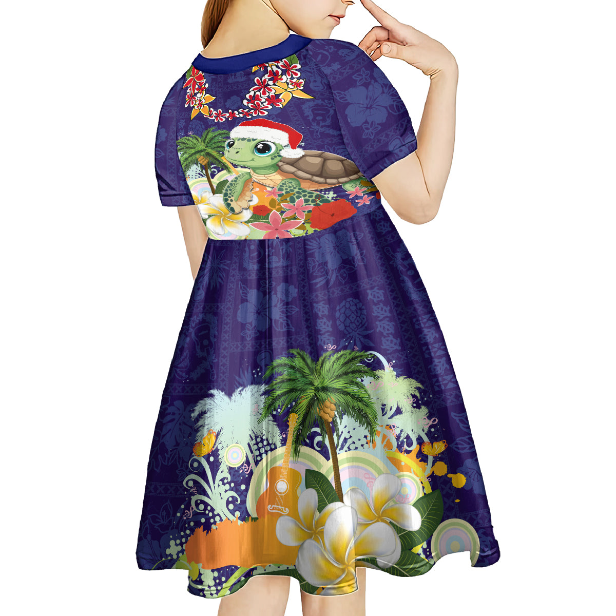 Hawaii Honu Mele Kalikimaka Kid Short Sleeve Dress Santa Tropical Flower Aloha Summer Blue Version LT03 - Polynesian Pride