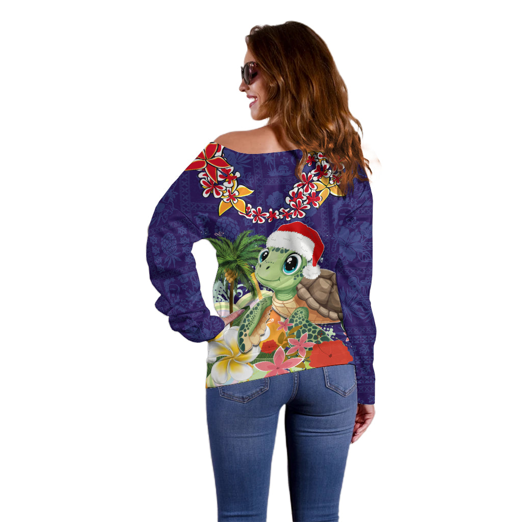 Hawaii Honu Mele Kalikimaka Off Shoulder Sweater Santa Tropical Flower Aloha Summer Blue Version LT03 - Polynesian Pride