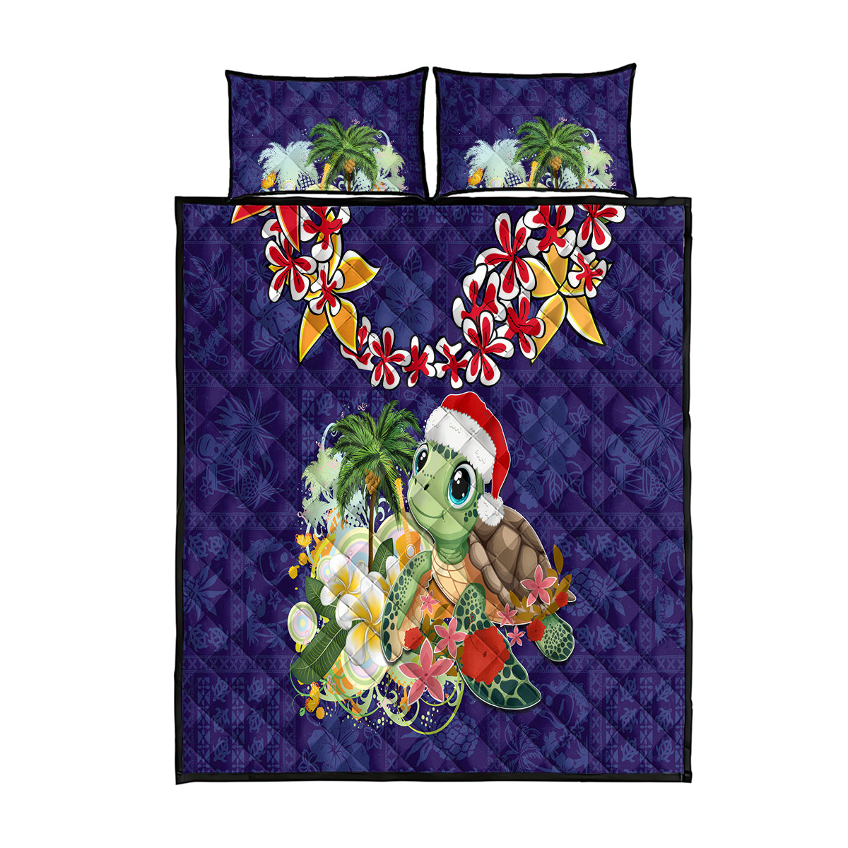 Hawaii Honu Mele Kalikimaka Quilt Bed Set Santa Tropical Flower Aloha Summer Blue Version LT03 Blue - Polynesian Pride