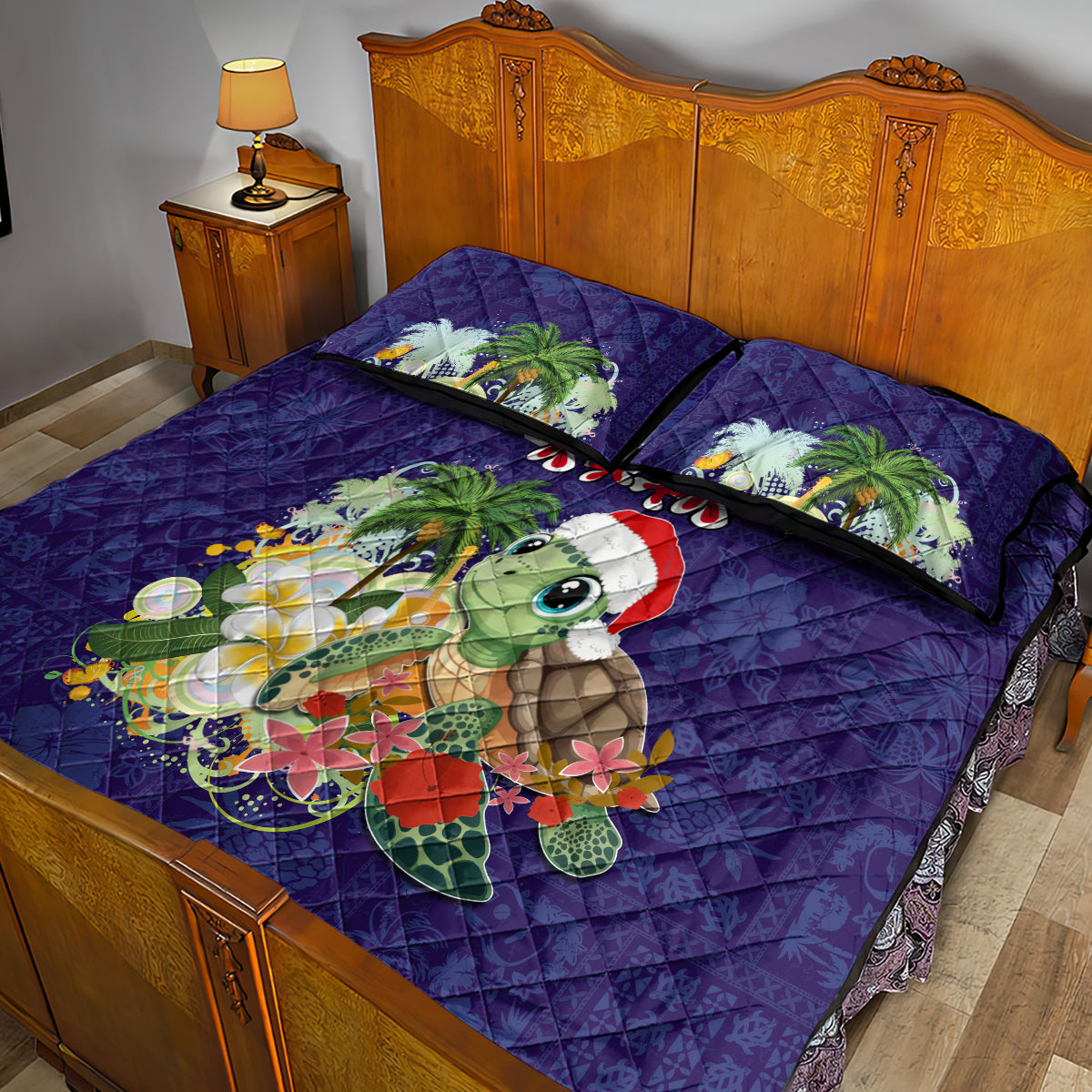 Hawaii Honu Mele Kalikimaka Quilt Bed Set Santa Tropical Flower Aloha Summer Blue Version LT03 - Polynesian Pride