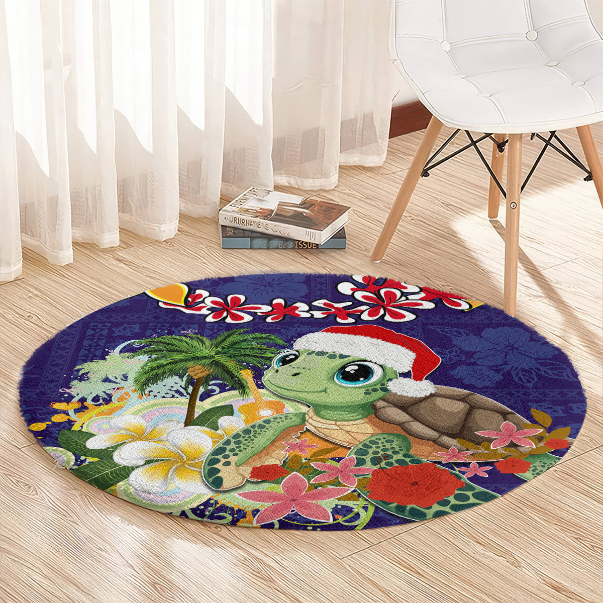 Hawaii Honu Mele Kalikimaka Round Carpet Santa Tropical Flower Aloha Summer Blue Version LT03 - Polynesian Pride