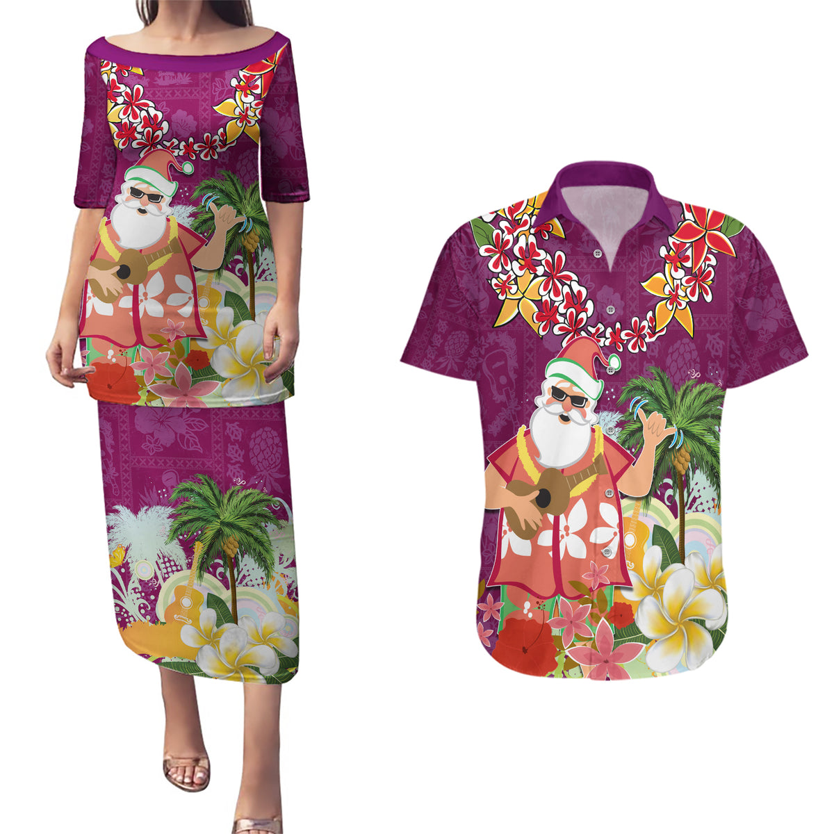 Hawaii Honu Mele Kalikimaka Couples Matching Puletasi Dress and Hawaiian Shirt Santa Tropical Flower Aloha Summer Pink Version LT03 Pink - Polynesian Pride