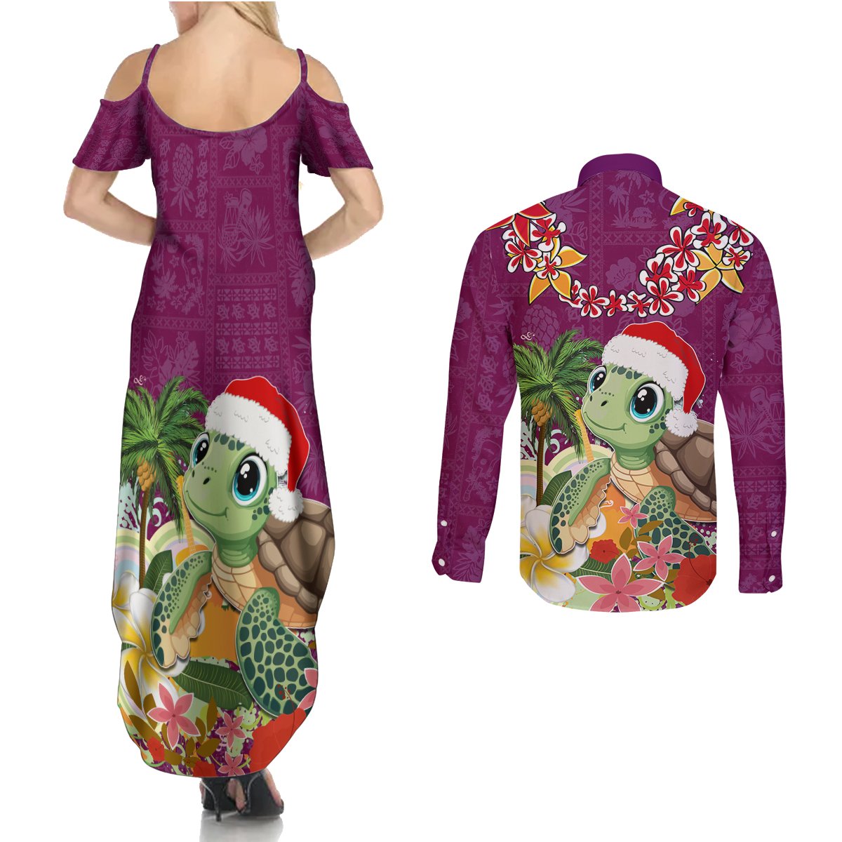 Hawaii Honu Mele Kalikimaka Couples Matching Summer Maxi Dress and Long Sleeve Button Shirt Santa Tropical Flower Aloha Summer Pink Version LT03 - Polynesian Pride