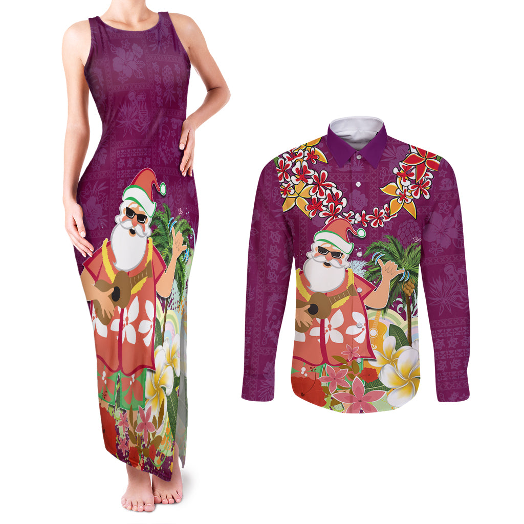 Hawaii Honu Mele Kalikimaka Couples Matching Tank Maxi Dress and Long Sleeve Button Shirt Santa Tropical Flower Aloha Summer Pink Version LT03 Pink - Polynesian Pride