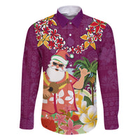 Hawaii Honu Mele Kalikimaka Family Matching Off Shoulder Short Dress and Hawaiian Shirt Santa Tropical Flower Aloha Summer Pink Version LT03 Dad's Shirt - Long Sleeve Pink - Polynesian Pride