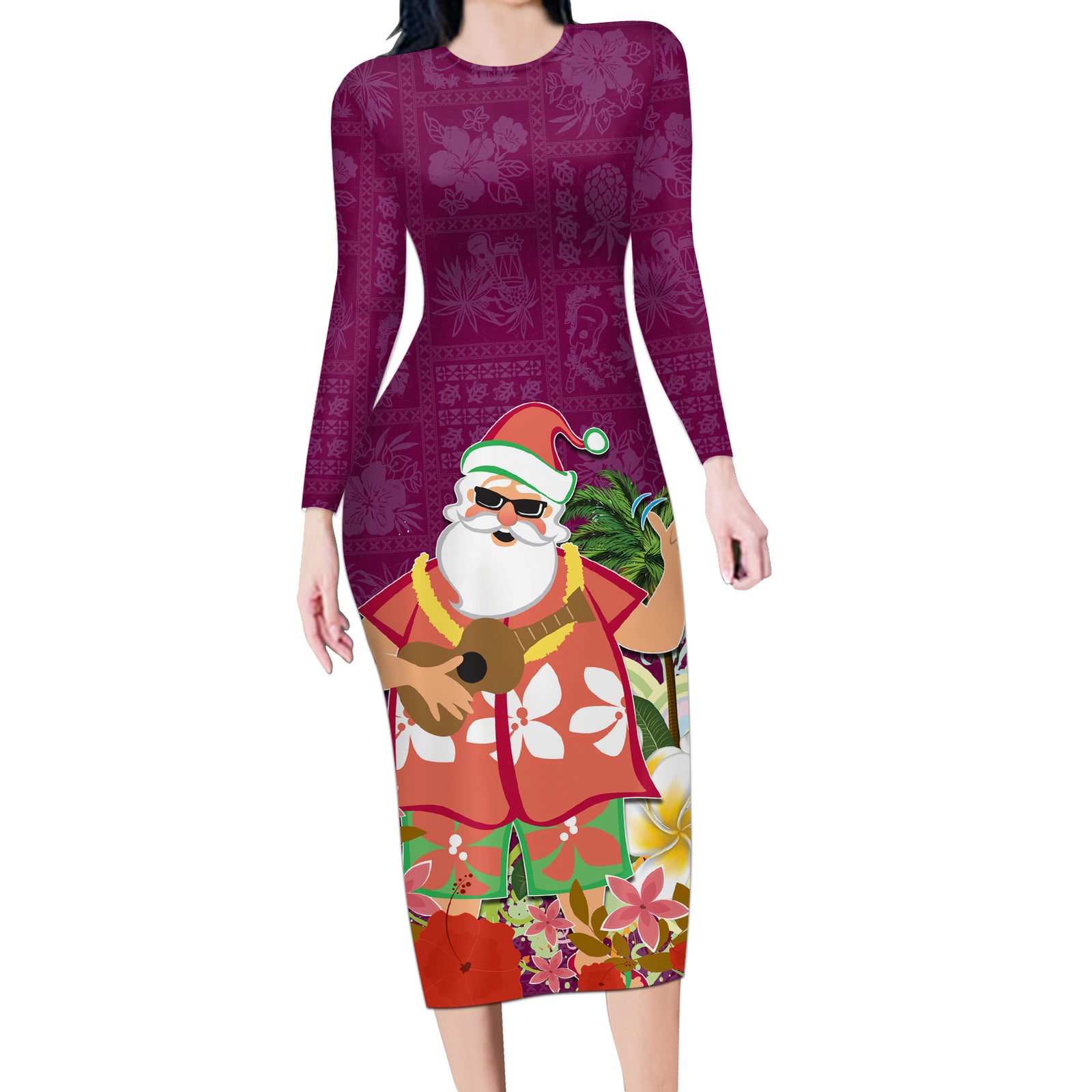 Hawaii Honu Mele Kalikimaka Long Sleeve Bodycon Dress Santa Tropical Flower Aloha Summer Pink Version LT03 Long Dress Pink - Polynesian Pride