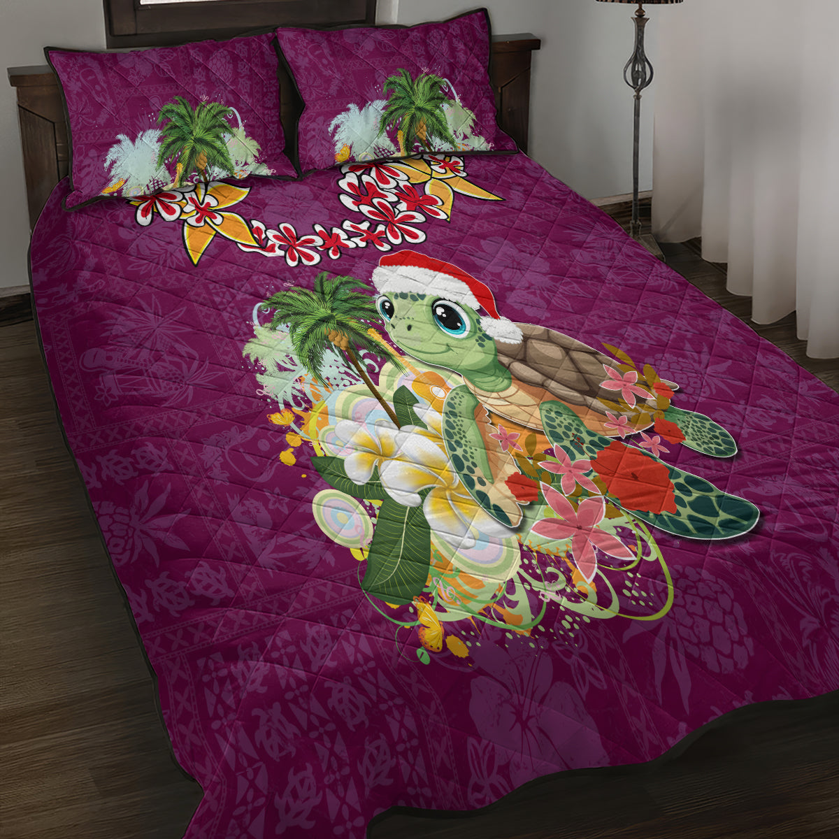 Hawaii Honu Mele Kalikimaka Quilt Bed Set Santa Tropical Flower Aloha Summer Pink Version LT03 - Polynesian Pride