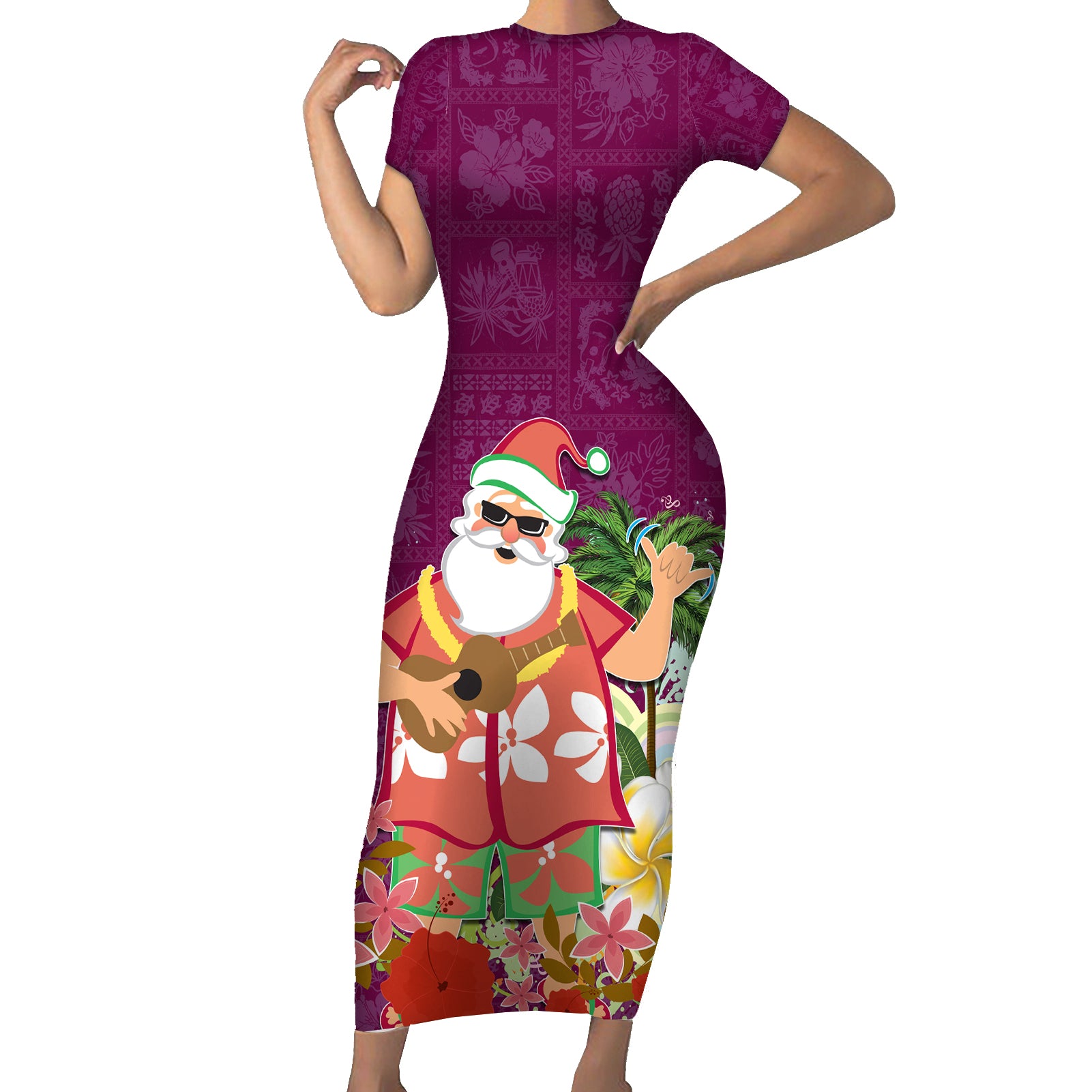 Hawaii Honu Mele Kalikimaka Short Sleeve Bodycon Dress Santa Tropical Flower Aloha Summer Pink Version LT03 Long Dress Pink - Polynesian Pride