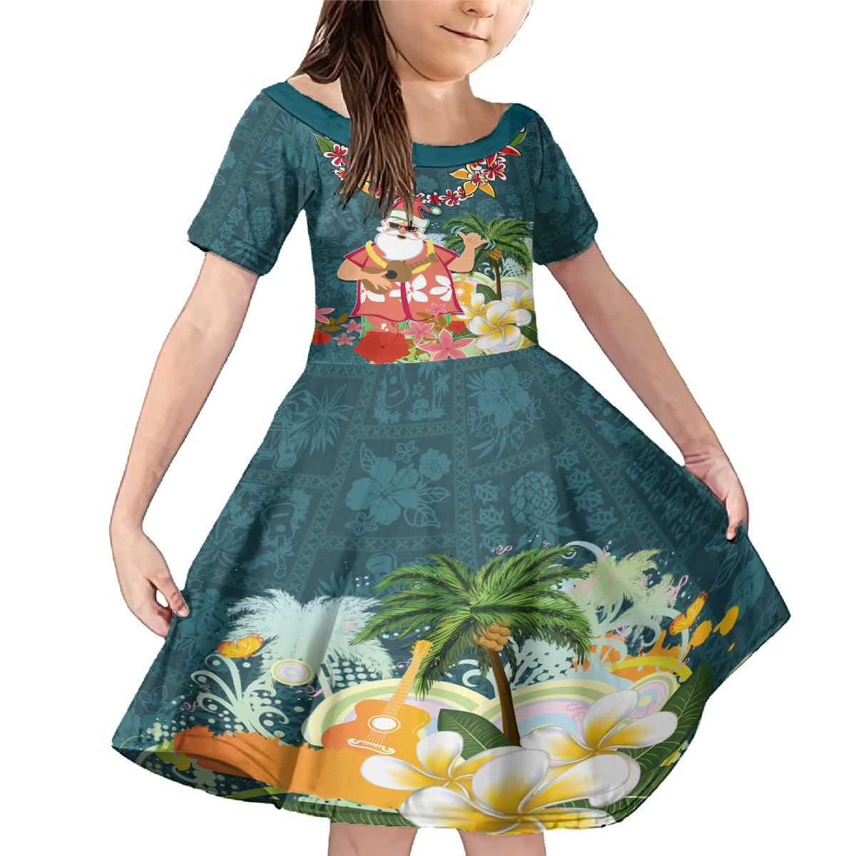 Hawaii Honu Mele Kalikimaka Family Matching Mermaid Dress and Hawaiian Shirt Santa Tropical Flower Aloha Summer Turquoise Version LT03 Daughter's Dress Turquoise - Polynesian Pride