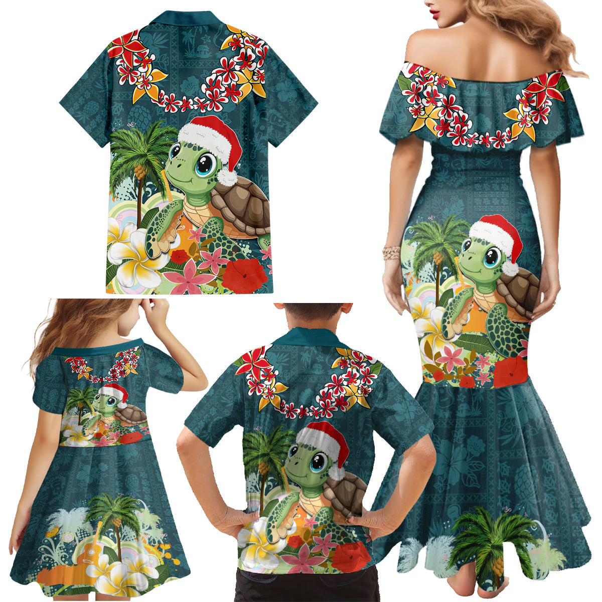 Hawaii Honu Mele Kalikimaka Family Matching Mermaid Dress and Hawaiian Shirt Santa Tropical Flower Aloha Summer Turquoise Version LT03 - Polynesian Pride