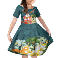 Hawaii Honu Mele Kalikimaka Family Matching Off Shoulder Long Sleeve Dress and Hawaiian Shirt Santa Tropical Flower Aloha Summer Turquoise Version LT03 Daughter's Dress Turquoise - Polynesian Pride