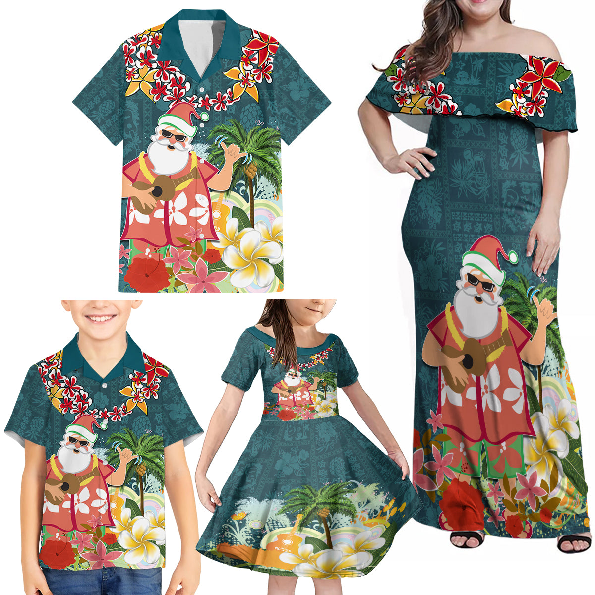 Hawaii Honu Mele Kalikimaka Family Matching Off Shoulder Maxi Dress and Hawaiian Shirt Santa Tropical Flower Aloha Summer Turquoise Version LT03 - Polynesian Pride