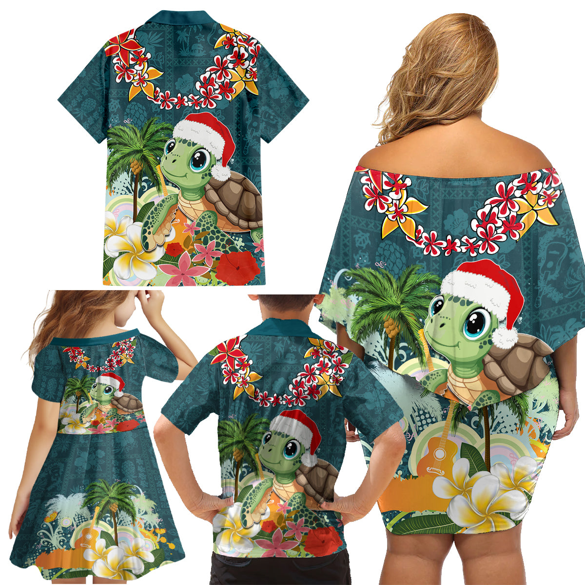 Hawaii Honu Mele Kalikimaka Family Matching Off Shoulder Short Dress and Hawaiian Shirt Santa Tropical Flower Aloha Summer Turquoise Version LT03 - Polynesian Pride