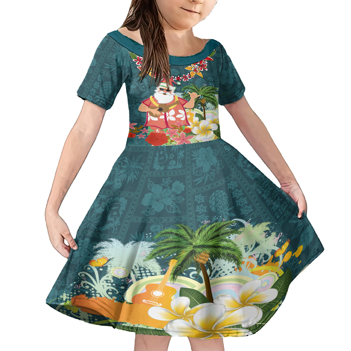 Hawaii Honu Mele Kalikimaka Family Matching Tank Maxi Dress and Hawaiian Shirt Santa Tropical Flower Aloha Summer Turquoise Version LT03 Daughter's Dress Turquoise - Polynesian Pride