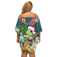 Hawaii Honu Mele Kalikimaka Off Shoulder Short Dress Santa Tropical Flower Aloha Summer Turquoise Version LT03 - Polynesian Pride