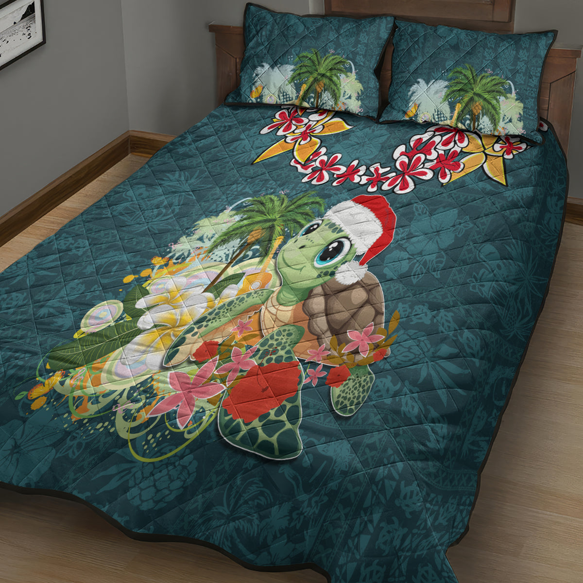 Hawaii Honu Mele Kalikimaka Quilt Bed Set Santa Tropical Flower Aloha Summer Turquoise Version LT03 - Polynesian Pride