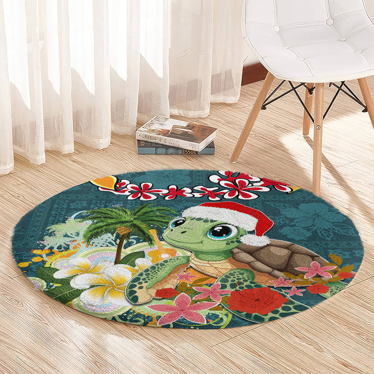 Hawaii Honu Mele Kalikimaka Round Carpet Santa Tropical Flower Aloha Summer Turquoise Version LT03 - Polynesian Pride