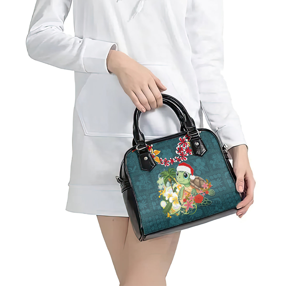 Hawaii Honu Mele Kalikimaka Shoulder Handbag Santa Tropical Flower Aloha Summer Turquoise Version LT03 - Polynesian Pride