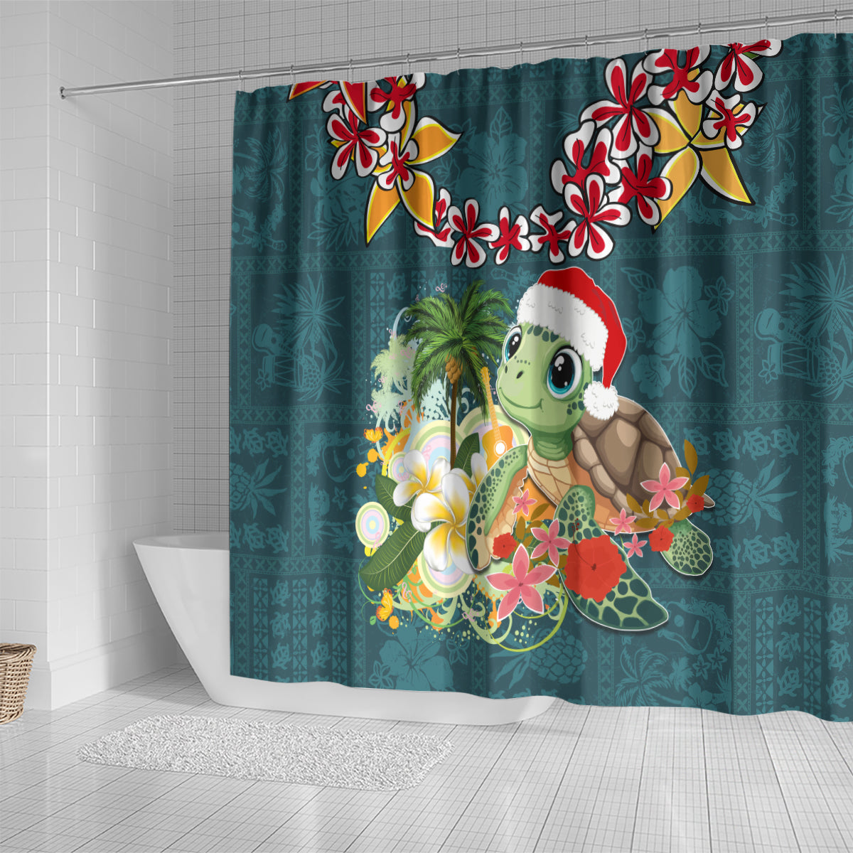 Hawaii Honu Mele Kalikimaka Shower Curtain Santa Tropical Flower Aloha Summer Turquoise Version LT03 - Polynesian Pride